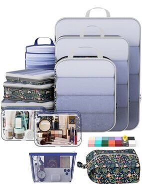 11 Pack Compression Packing Cubes Travel Luggage Organizer Bags Dark Blue